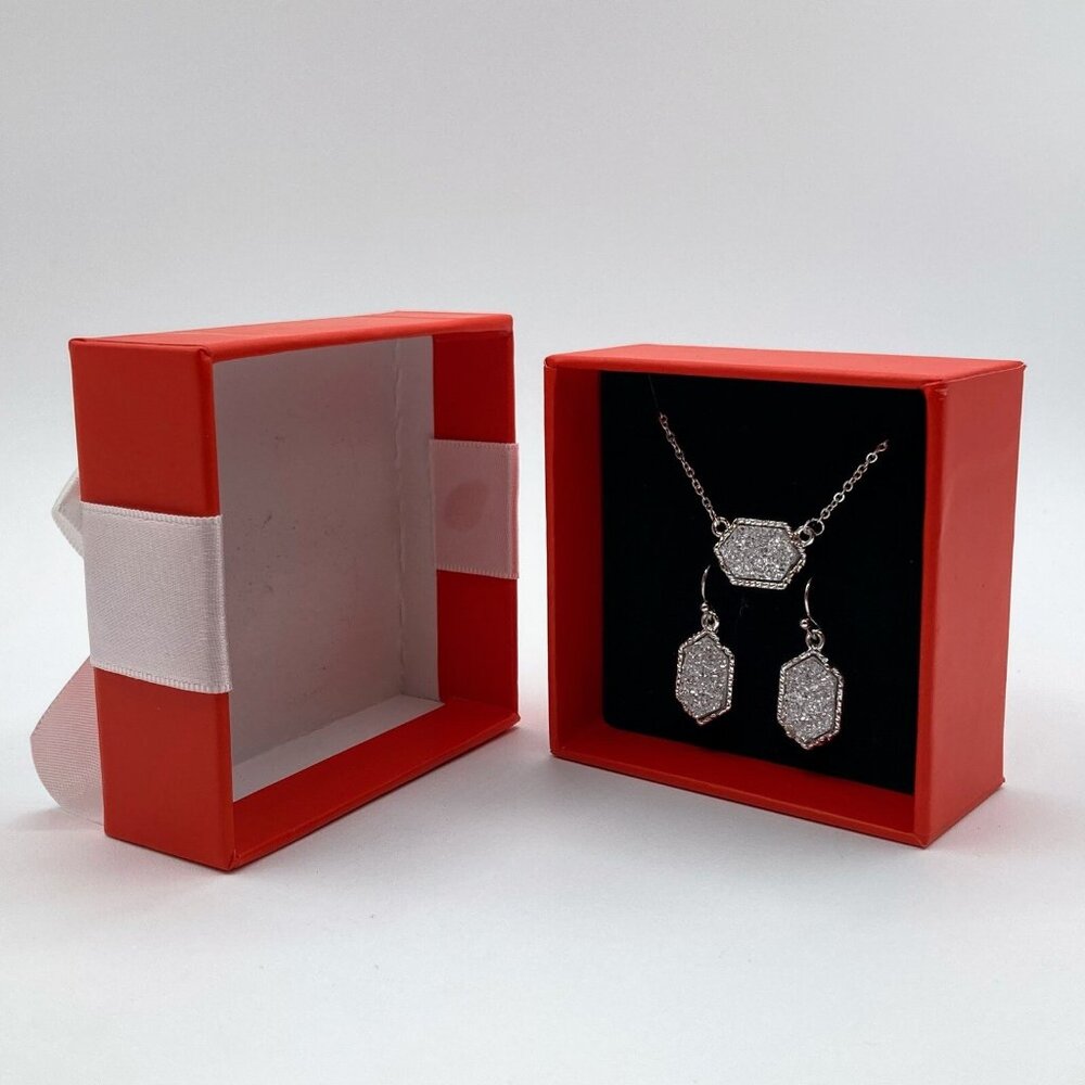 Classic Hexagonal Oval Druzy Crystals Quartz Silver Necklace & Earring Set NIB